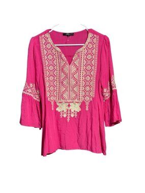 Pink Embroidered Boho Blouse Bell Sleeve Rayon Top L